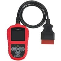 Red Sealey EOBD code reader with black screen, buttons, and attached diagnostic cable.