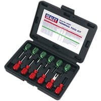 Black Sealey VS920 terminal tool kit with 12 red and green handled tools in a labeled plastic case.