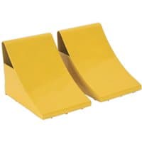 Yellow heavy-duty steel wheel chocks pair with curved design and textured base.