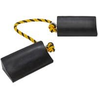 Black rubber wheel chocks pair with yellow-black braided rope handle, trapezoidal shape for vehicle stabilization.