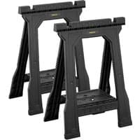Black twin pack Stanley Junior Folding Sawhorse by Black & Decker, sturdy plastic frame with grooved top surface.