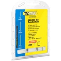 Tacwise 18G brad nails, 15-30mm, galvanized, 4000 count, in clear plastic case with yellow and blue label.