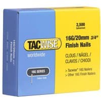 Tacwise 16G 20mm galvanised finish nails, 2500 count, in a blue and yellow box with product details.