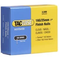 Yellow and blue box of Tacwise 16G/25mm galvanised finish nails, 2500 count, with multilingual text.