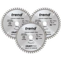 Triple pack of silver Trend 165mm 48 tooth circular saw blades with black text and logo.