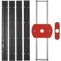Black and red TREND 400mm router surfacing jig with metal rods and multiple black guide rails.