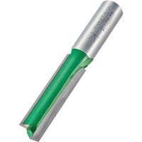 Two flute router cutter with silver shank and green body, sharp cutting edges, by Trend.