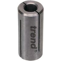 Collet reduction sleeve by Trend, cylindrical metal with a slit and engraved logo.