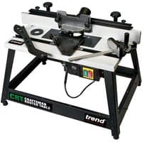 Black and white Trend Craftsman Router Table MK3 with adjustable fence, safety guard, and power switch on sturdy frame.