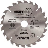 Circular saw blade, 210mm diameter, 24 teeth, silver with black text, Trend branding, tungsten carbide tipped.
