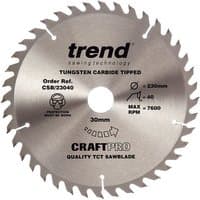 Trend 230x30mm craft saw blade, 40 teeth, silver with black text, tungsten carbide tipped, circular design.