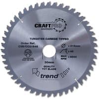 Circular saw blade, 250mm diameter, 72 teeth, 30mm bore, silver with black text, Trend branding.