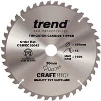 Trend 260mm circular saw blade, 42 teeth, tungsten carbide tipped, silver with black text and safety icons.