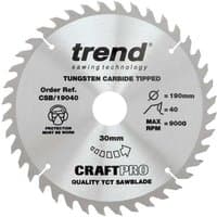 Circular silver Trend CraftPro saw blade, 190mm, 40 teeth, tungsten carbide tipped, with black and red text.
