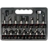 Black Trend 15-piece router cutter set in a plastic case with labeled slots and various cutter shapes.