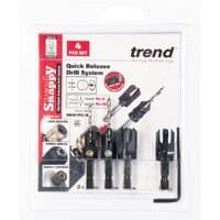 "Trend Snappy 4-piece set with black countersink bits and plug cutters in clear packaging"