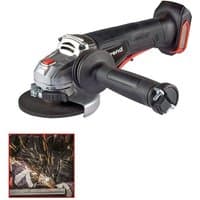 Black and silver Trend 18V angle grinder with side handle and red accents, shown with grinding sparks.
