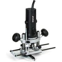 Black Trend T4EK 1/4" router with dual handles, silver base, and adjustable depth control, designed for precision woodworking.