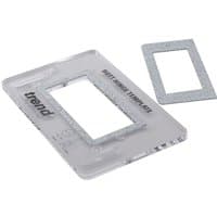 Clear Trend butt hinge template with rectangular cutout and detachable metal frame.