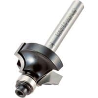 Guided Ovolo/Round Over Cutter with silver shank, black guide bearing, and curved cutting edge by Trend.