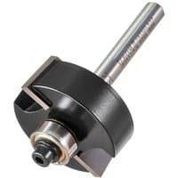 Guided rebate cutter with silver shank, black circular body, and bearing guide by Trend.