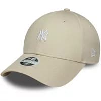 Beige women's baseball cap with New York Yankees logo, adjustable strap, and curved brim by New Era.
