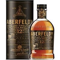Aberfeldy 12 Year Whisky 70cl bottle with black label, gold accents, and matching cylindrical box.