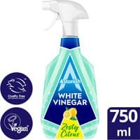 Astonish 750ml spray bottle with blue label, white vinegar, zesty citrus design, and vegan, cruelty-free logos.