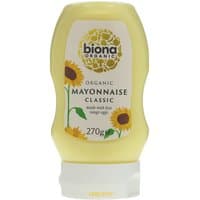 Biona Organic Squeezy Mayonnaise 270g, yellow bottle with sunflower design and white flip cap.