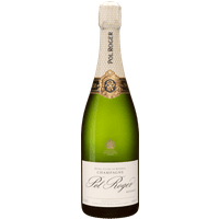 Champagne Pol Roger Reserve Brut in green bottle with gold foil, white label, and embossed crest.