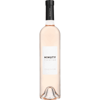 Chateau Minuty Prestige Rose 2025 wine bottle, clear glass with white label and black cap.