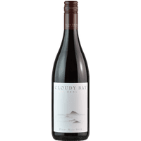 Cloudy Bay Pinot Noir 2023 wine bottle with white label, subtle mountain design, and dark red wine inside.