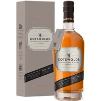 Cotswolds Single Malt Whisky 70cl bottle with black label, gold accents, and matching grey box packaging.