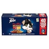 Felix Doubly Delicious cat food box, 40x85g pouches, blue packaging with cat image and countryside selection label.