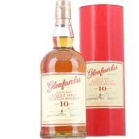 Glenfarclas 10 Year Whisky 70cl bottle with gold cap and red label, beside matching red cylindrical box.