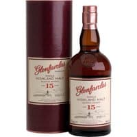 Glenfarclas 15 Year Whisky 70cl with brown bottle and matching cylindrical box, cream label with red accents.