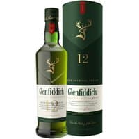 Green Glenfiddich 12 Year Whisky bottle with gold stag logo, white label, and matching dark green cylindrical box.