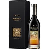Glenmorangie Signet Whisky 70cl bottle with black and gold design, next to matching black box with gold pattern.