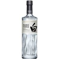 Clear Haku Vodka bottle by Suntory, 70cl, with black cap, white label, and wave-patterned glass design.