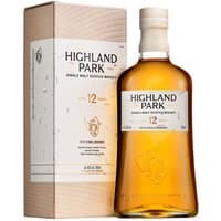 Amber Highland Park 12 Year Whisky bottle with embossed glass, white label, and matching box.