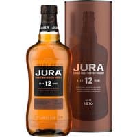 Isle Of Jura 12 Year Whisky 70cl, amber liquid in a curved bottle with black label, next to a brown cylindrical box.
