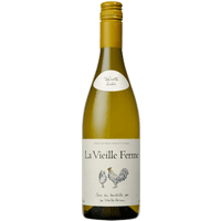 "La Vieille Ferme Blanc White Wine 75cl bottle with yellow cap, cream label featuring a rooster illustration"