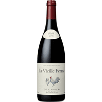 La Vieille Ferme Rouge wine bottle, 75cl, with red cap and cream label featuring a rooster illustration.