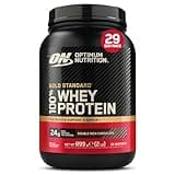 Black and gold Optimum Nutrition whey protein powder jar, 899g, Double Rich Chocolate, 29 servings label.