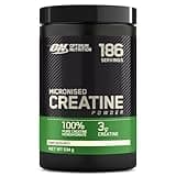 Black Optimum Nutrition creatine powder container, 634g, 186 servings, unflavoured, with green and silver accents.