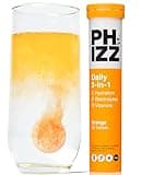 Phizz orange tube with 20 effervescent tablets next to a glass of dissolving orange tablet.
