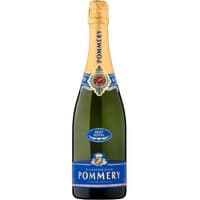 Green Pommery Brut Royal Champagne bottle, gold foil top, blue label with crest and text detailing.