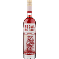 Regal Rogue Bold Red Vermouth 50cl bottle with red label, knight illustration, and wooden cork.