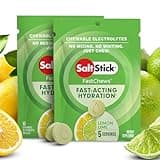 SaltStick Fastchews packets, lemon lime flavor, green packaging with citrus images, 10 tablets per packet.