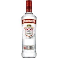Smirnoff No. 21 Vodka bottle, clear glass, red label, gold accents, 37.5% vol, 70cl, red cap.